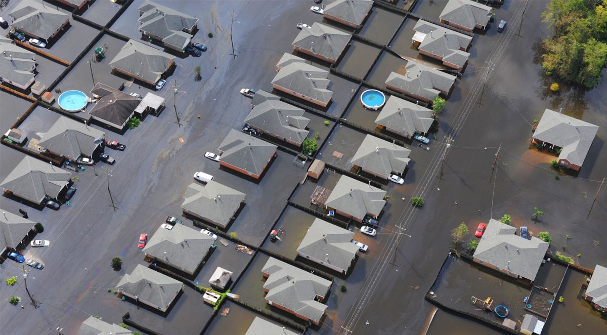 Aerial picture of a suburb which is completely flooded
